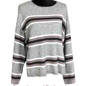 Cupcakes & Cashmere Womens Small Amour Gray Brown Striped Scoop Neck Sweater